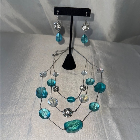 Teal & Crystal Beaded Multi-Strand Wire Necklace and Earring Set - Picture 1 of 10